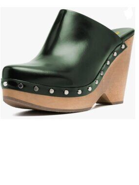 FYS Dark Green Round Toe Slip on Mules Rivet Studded High Heel Wedges Shoes